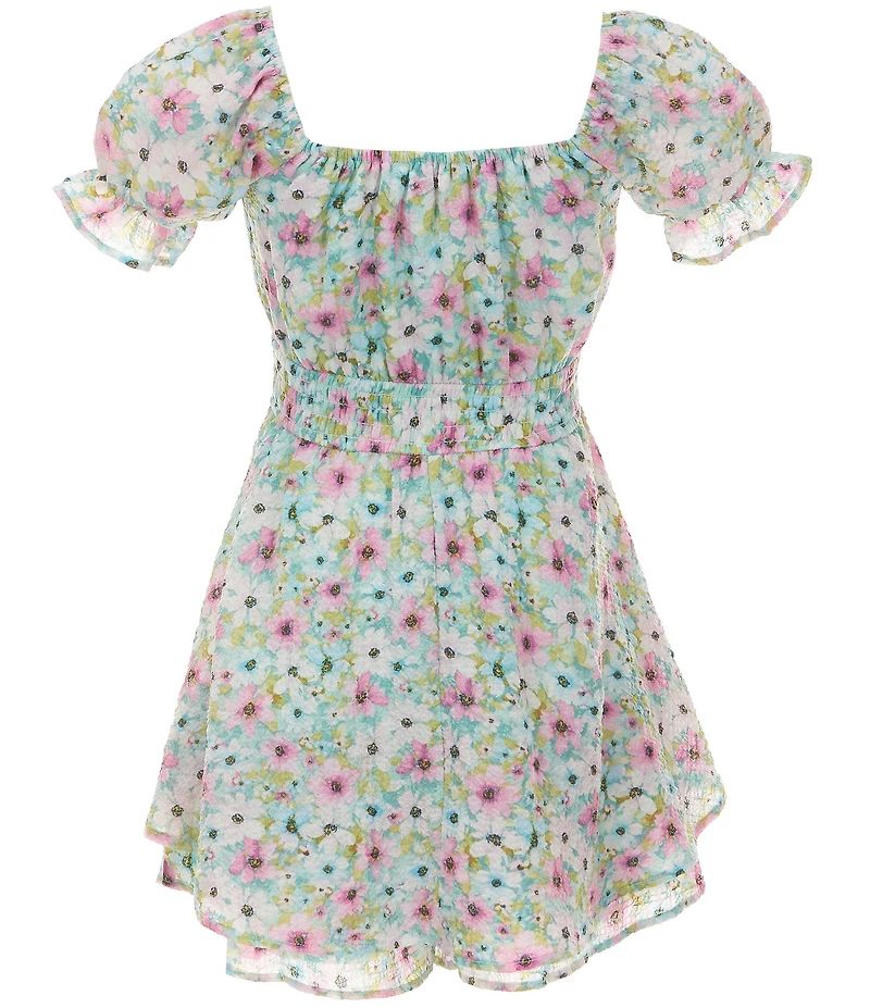 Allison & Kelly Big Girls Puffed-Sleeve Floral-Printed Cinched-Waist Romper