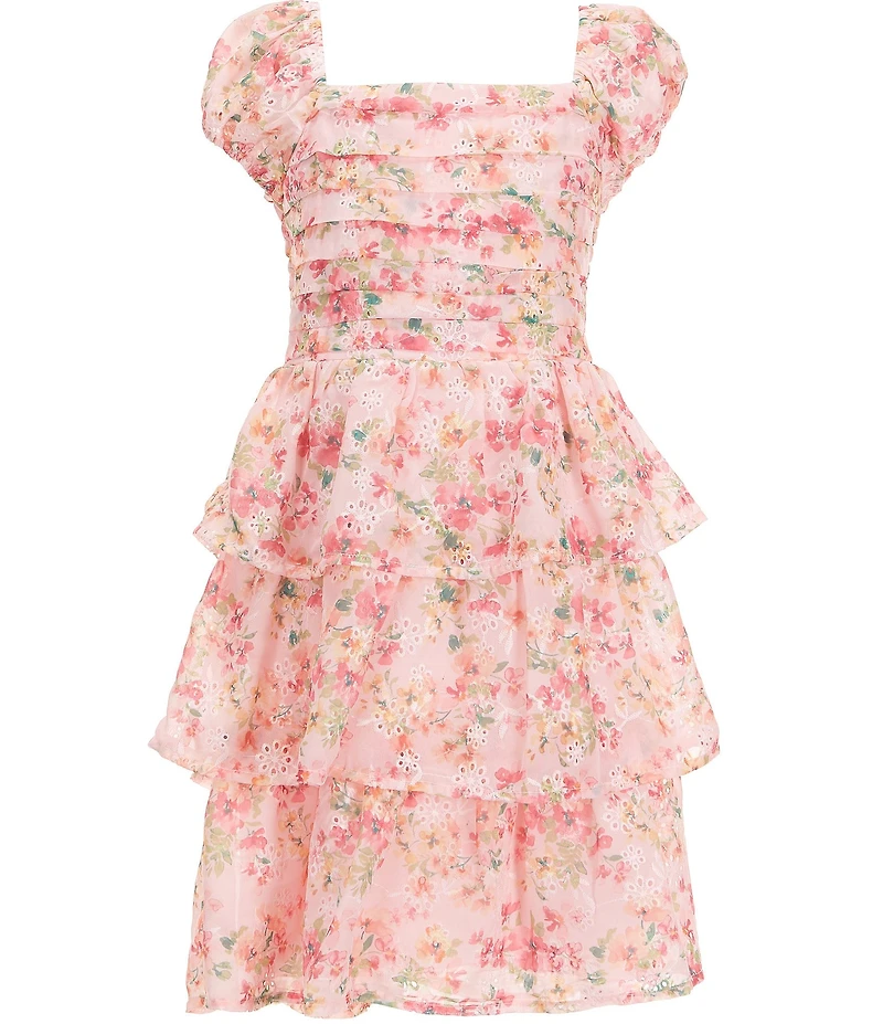 Allison & Kelly Big Girls Puffed-Sleeve Floral/Eyelet-Embroidered Chiffon Fit-And-Flare Dress