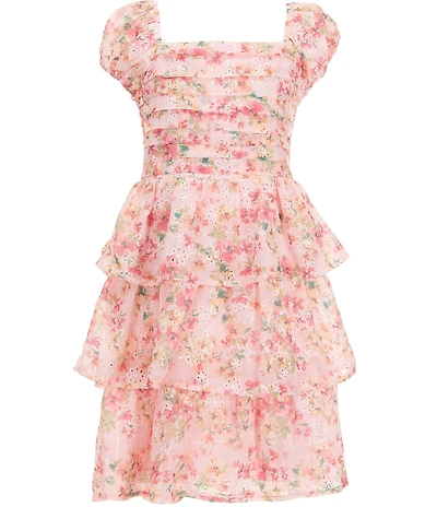 Allison & Kelly Big Girls Puffed-Sleeve Floral/Eyelet-Embroidered Chiffon Fit-And-Flare Dress