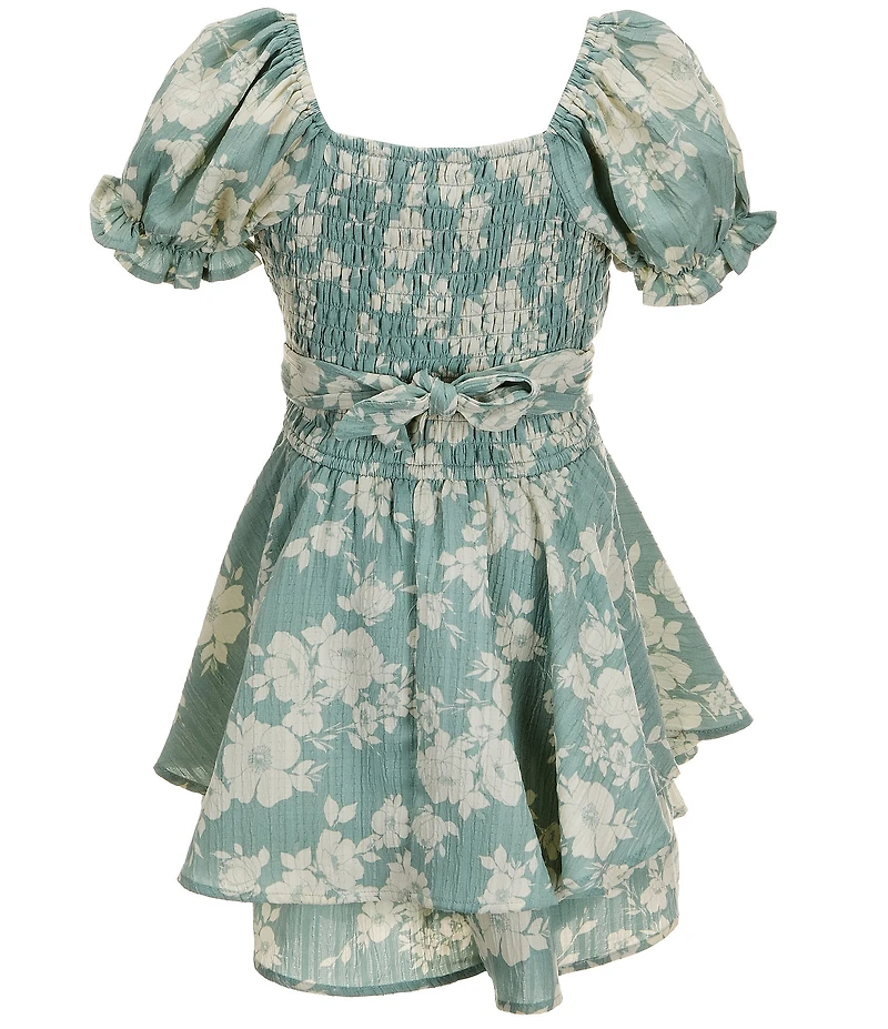 Allison & Kelly Big Girls Short Puff Sleeves Floral Jacquard Romper