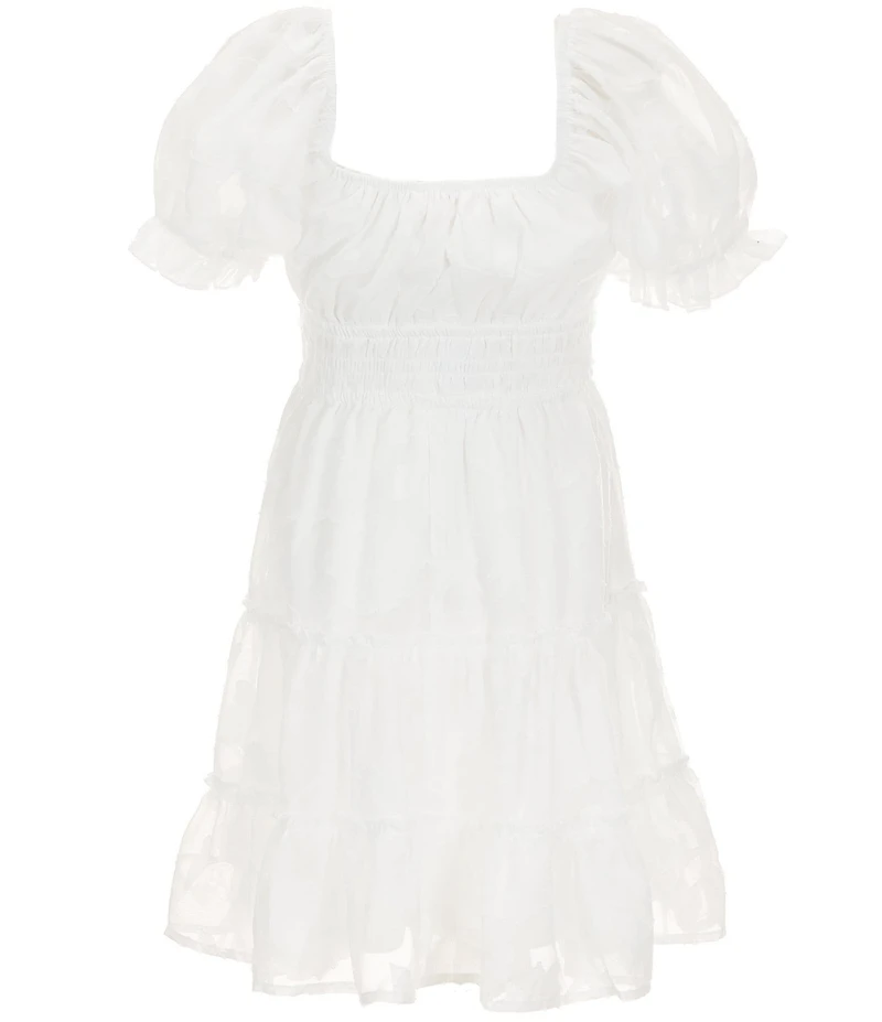 Allison & Kelly Big Girls Short Puffed Sleeve Jacquard Chiffon Smocked Pleated Ruffle Tier Hem Dress