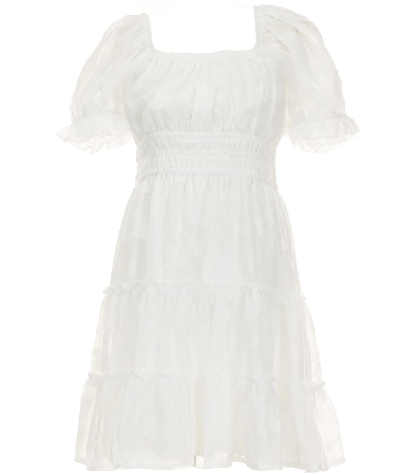 Allison & Kelly Big Girls Short Puffed Sleeve Jacquard Chiffon Smocked Pleated Ruffle Tier Hem Dress