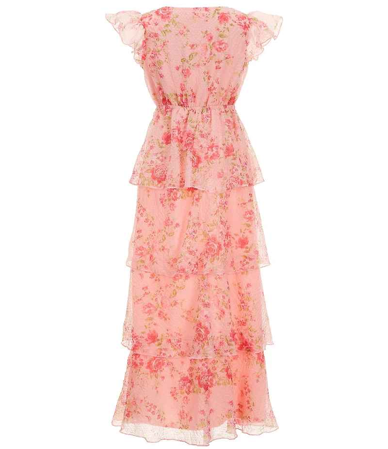 Allison & Kelly Big Girls Flutter Sleeve Floral Printed Checkered Chiffon Tiered Maxi Dress