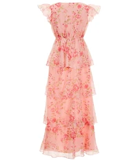 Allison & Kelly Big Girls Flutter Sleeve Floral Printed Checkered Chiffon Tiered Maxi Dress