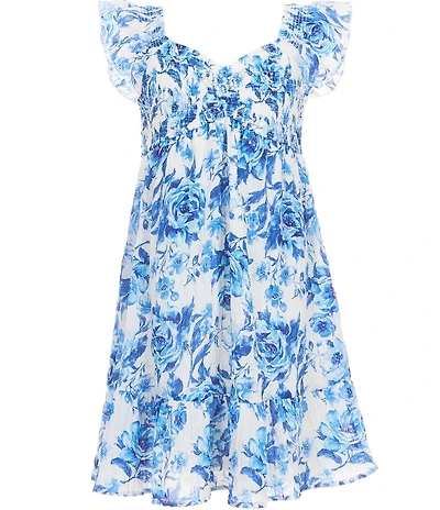 Allison & Kelly Big Girls Flutter Sleeve Sweetheart Smocked Bodice Chiffon Printed Dress