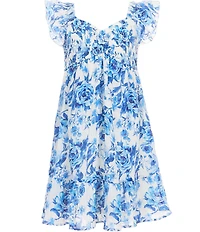 Allison & Kelly Big Girls Flutter Sleeve Sweetheart Smocked Bodice Chiffon Printed Dress