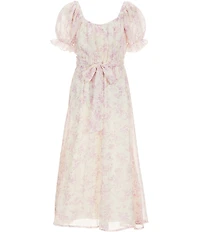 Allison & Kelly Big Girls Puff Ruffle Sleeve Yoryo Chiffon Empire Back Tie Floral Printed Maxi Dress