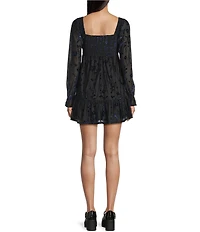 Allison & Kelly Burnout Printed V-Neck Ruched Front Long Sleeve Dress