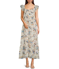 Allison & Kelly Chiffon Floral Print V-Neck Flutter Sleeve Smocked Midi Dress