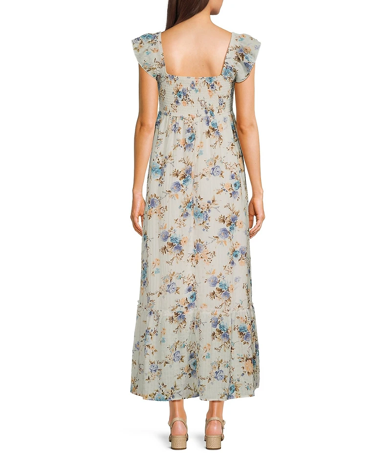 Allison & Kelly Chiffon Floral Print V-Neck Flutter Sleeve Smocked Midi Dress