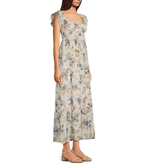 Allison & Kelly Chiffon Floral Print V-Neck Flutter Sleeve Smocked Midi Dress