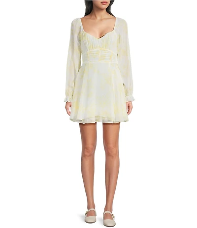 Allison & Kelly Chiffon Floral Printed Long Sleeve Corseted Fit And Flare Dress