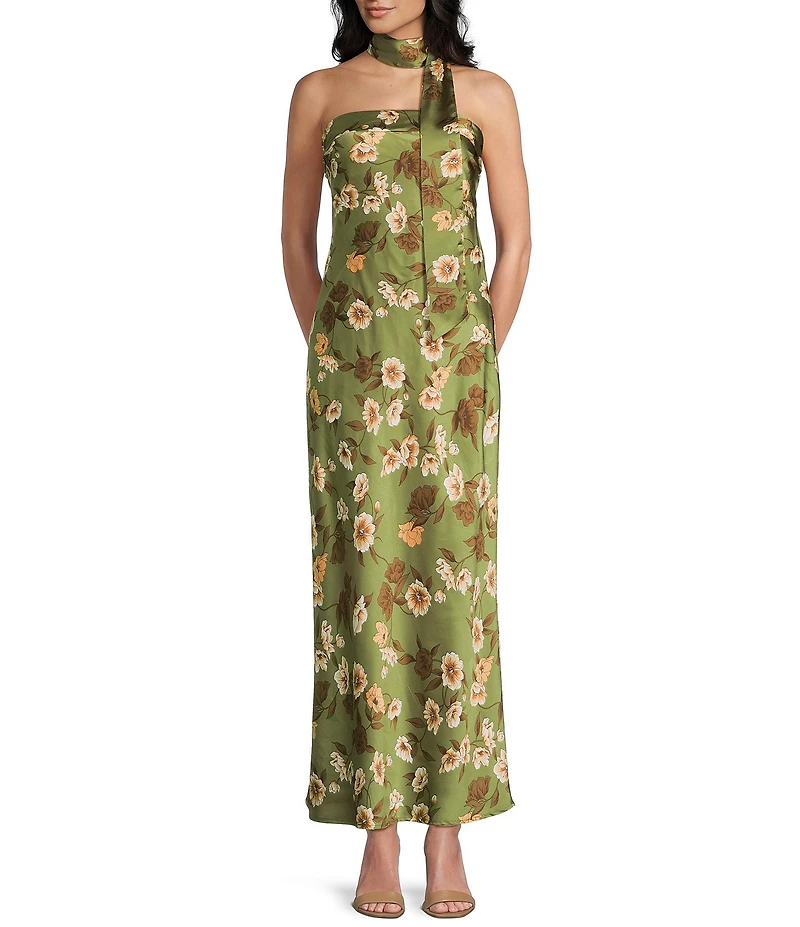 Allison & Kelly Chiffon Floral Printed Strapless Front Slit Midi Dress