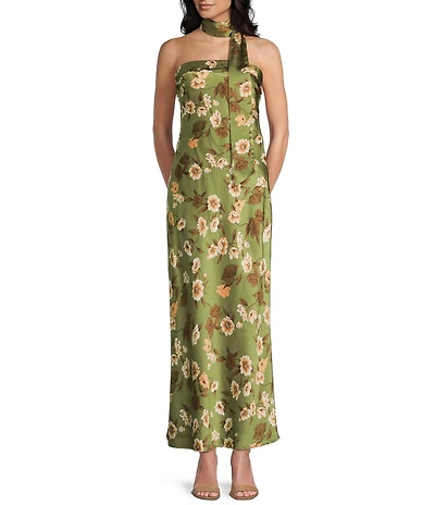 Allison & Kelly Chiffon Floral Printed Strapless Front Slit Midi Dress