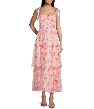 Allison & Kelly Chiffon Floral Printed Tie Shoulder Sweetheart Neck Tiered Maxi Dress