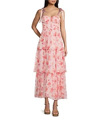 Allison & Kelly Chiffon Floral Printed Tie Shoulder Sweetheart Neck Tiered Maxi Dress