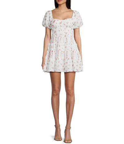 Allison & Kelly Ditsy Floral Print Sweetheart Neck Short Puff Sleeve Corset Dress