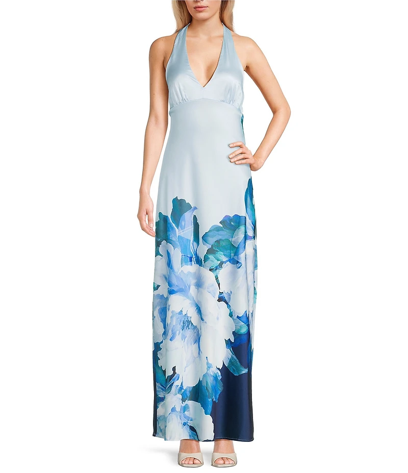 Allison & Kelly Exploded Floral Printed Halter V-Neck Maxi Dress
