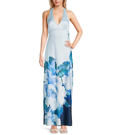 Allison & Kelly Exploded Floral Printed Halter V-Neck Maxi Dress