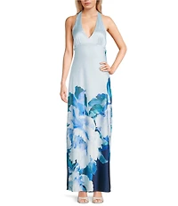Allison & Kelly Exploded Floral Printed Halter V-Neck Maxi Dress
