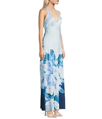 Allison & Kelly Exploded Floral Printed Halter V-Neck Maxi Dress