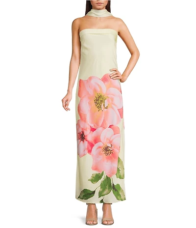Allison & Kelly Exploded Floral Printed Strapless Scarf Maxi Dress