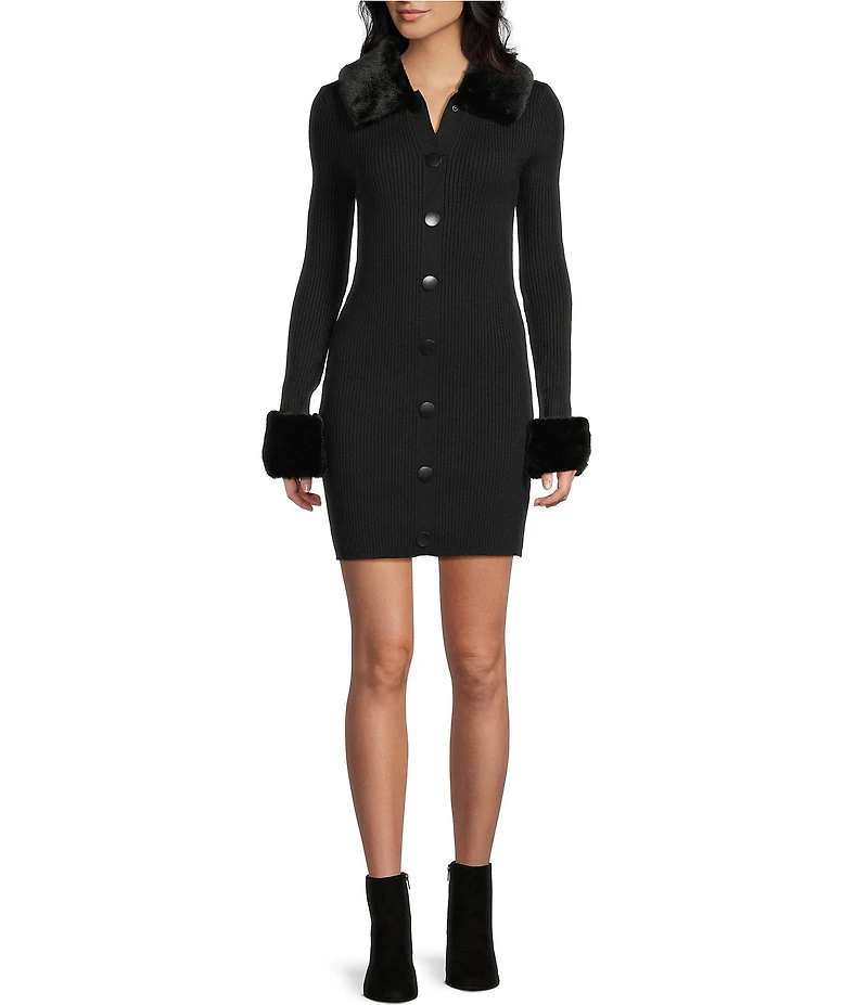 Allison & Kelly Faux Fur Trim Collared Long Sleeve Button Front Dress