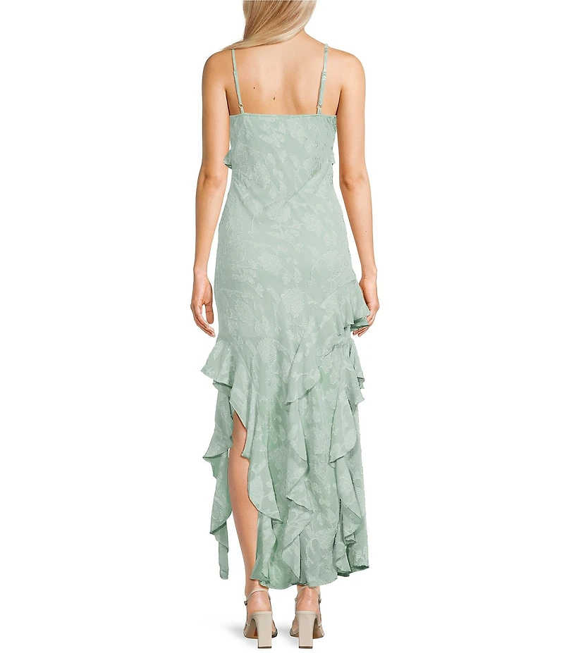 Allison & Kelly Floral Jacquard V-Neck Cascading Ruffle Tiered Dress