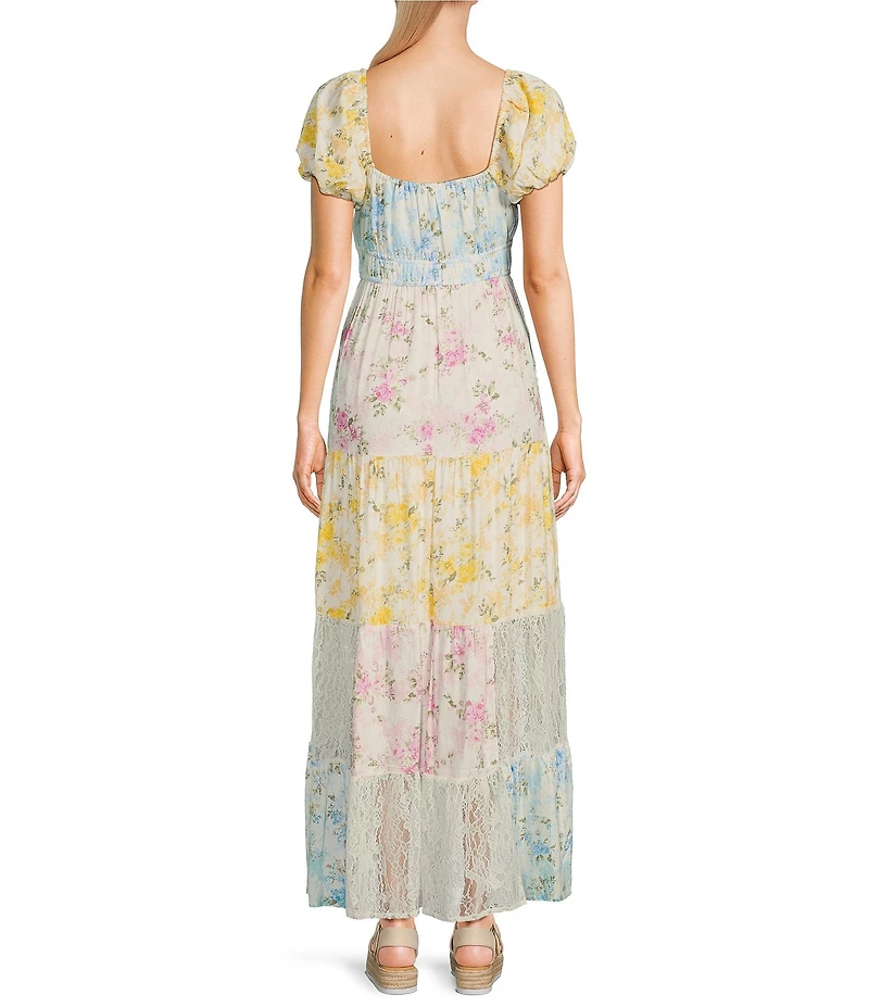 Allison & Kelly Floral Patchwork Printed V-Neck Short Sleeve Maxi Dress