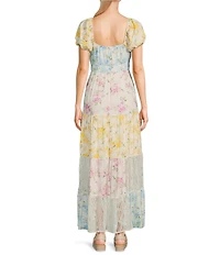 Allison & Kelly Floral Patchwork Printed V-Neck Short Sleeve Maxi Dress