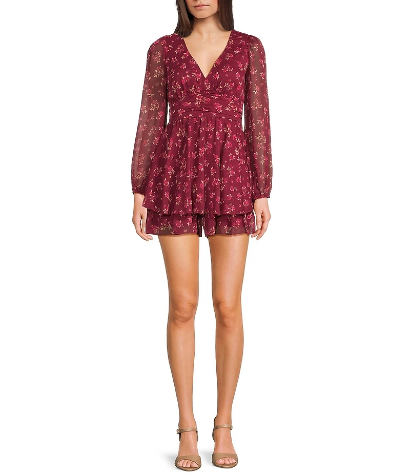 Allison & Kelly Floral Print Long Sleeve Ruched Waist Romper