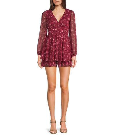 Allison & Kelly Floral Print Long Sleeve Ruched Waist Romper