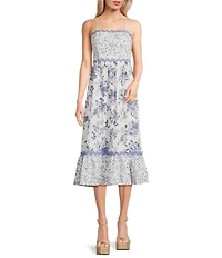 Allison & Kelly Floral Print Ricrac Trim Square Neck Spaghetti Strap Dress