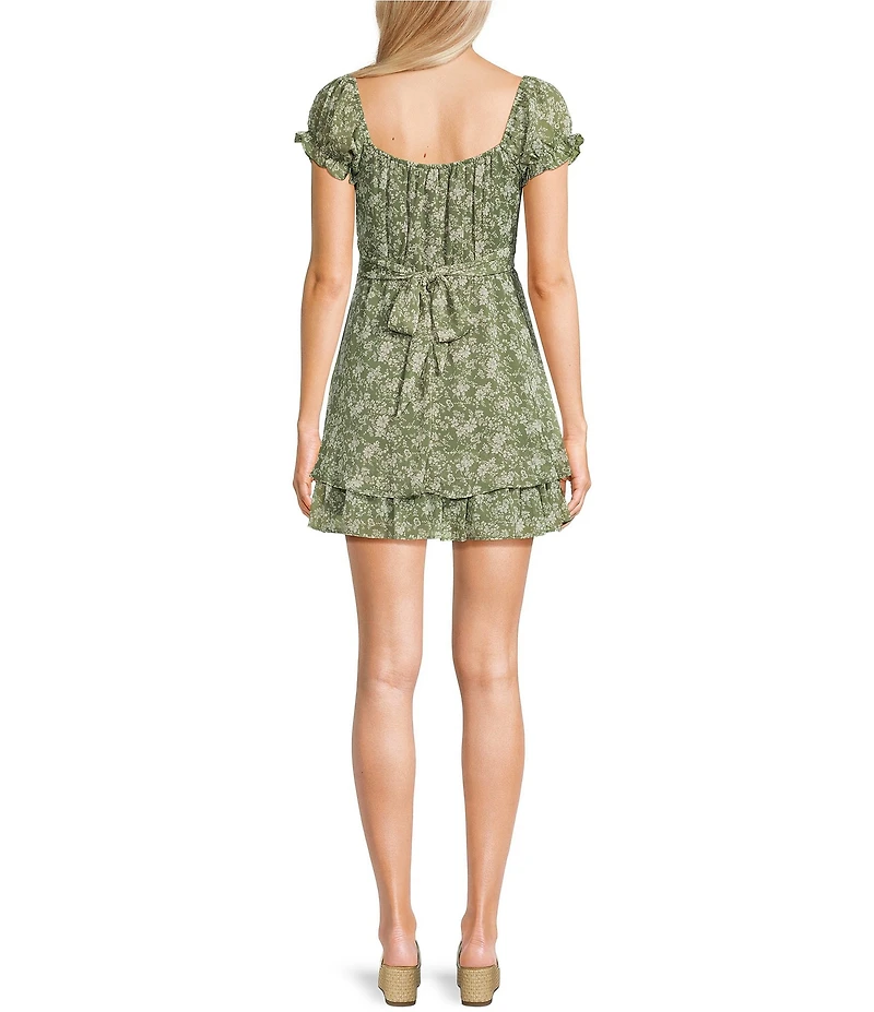 Allison & Kelly Floral Print Short Puff Sleeve Tie Back Tiered Dress