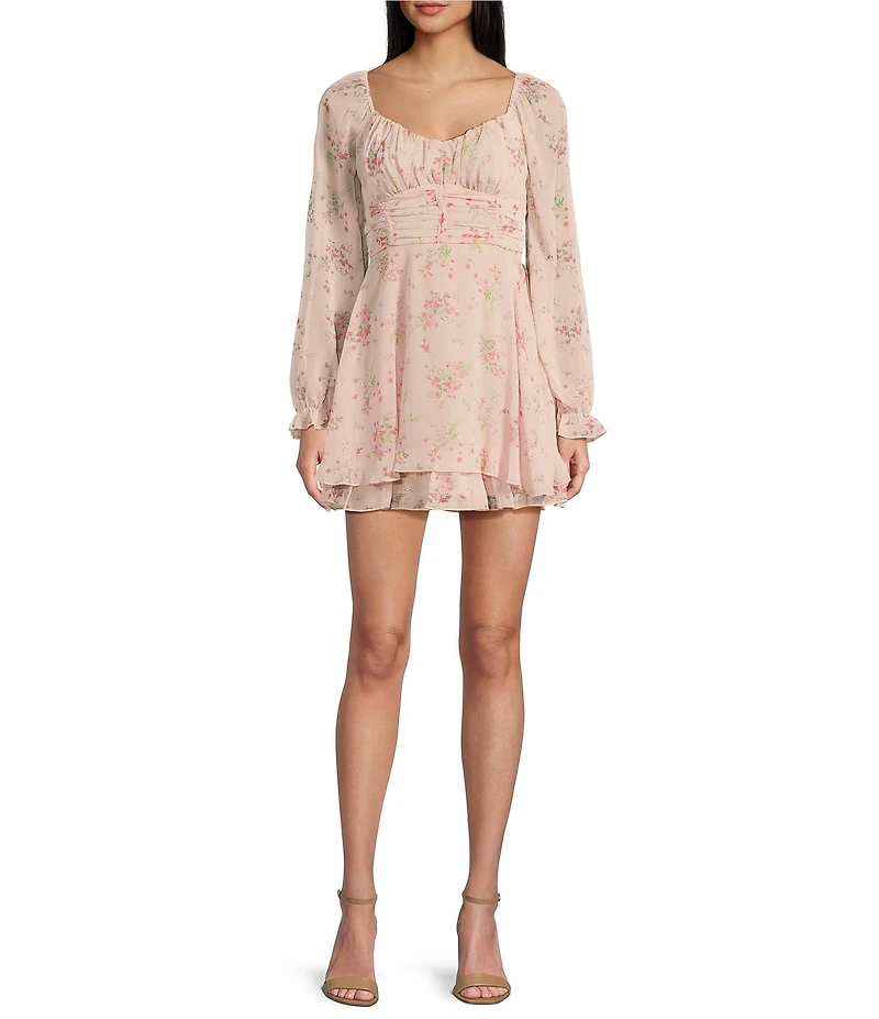 Allison & Kelly Floral Print Sweetheart Neck Long Sleeve Corset Bodice Dress