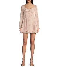 Allison & Kelly Floral Print Sweetheart Neck Long Sleeve Corset Bodice Dress