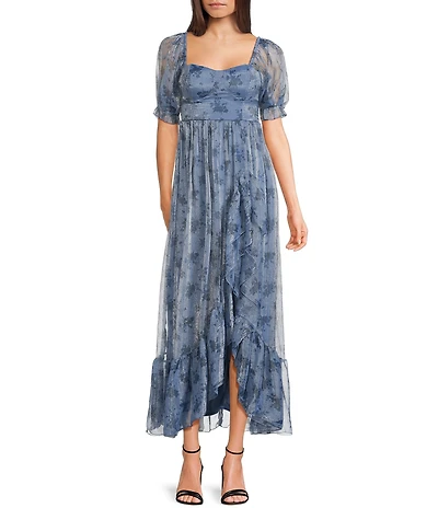 Allison & Kelly Floral Print Sweetheart Neck Puff Sleeve Corset Ruffle Hem Midi Dress
