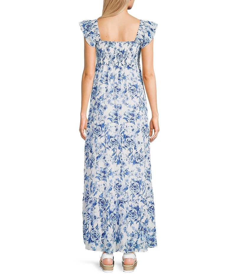Allison & Kelly Floral Print V-Neck Flutter Sleeve Smocked Maxi Dress