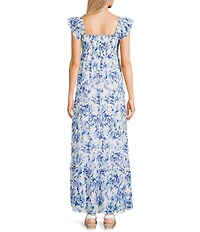 Allison & Kelly Floral Print V-Neck Flutter Sleeve Smocked Maxi Dress