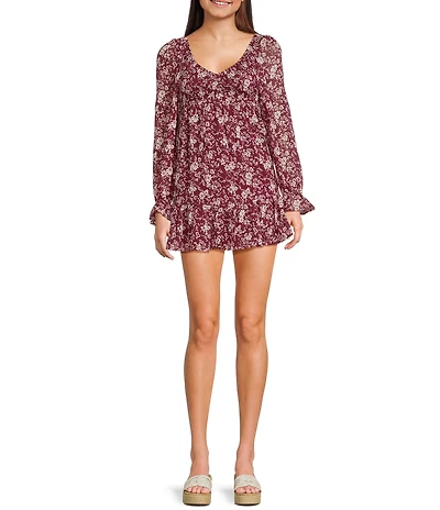 Allison & Kelly Floral Print V-Neck Long Sleeve Smocked Tiered Babydoll Dress