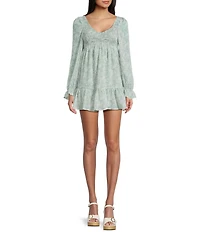 Allison & Kelly Floral Print V-Neck Long Sleeve Smocked Tiered Babydoll Dress