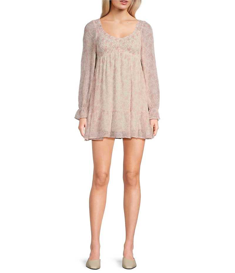 Allison & Kelly Floral Print V-Neck Long Sleeve Smocked Tiered Babydoll Dress