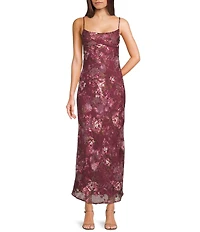 Allison & Kelly Floral Printed Chiffon Jacquard Drape Back Long Dress