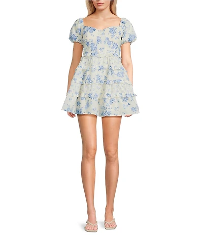 Allison & Kelly Floral Printed Clip Dot Sweetheart Neck Short Puff Sleeve Dress