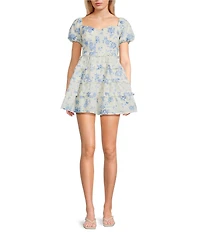 Allison & Kelly Floral Printed Clip Dot Sweetheart Neck Short Puff Sleeve Dress