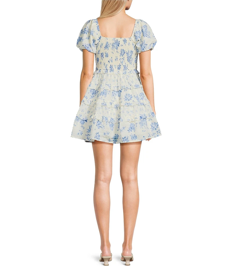 Allison & Kelly Floral Printed Clip Dot Sweetheart Neck Short Puff Sleeve Dress