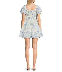 Allison & Kelly Floral Printed Clip Dot Sweetheart Neck Short Puff Sleeve Dress