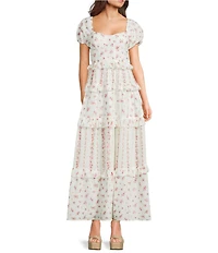 Allison & Kelly Floral Printed Clip Dot Sweetheart Neck Short Puff Sleeve Tiered Ruffle Maxi Dress