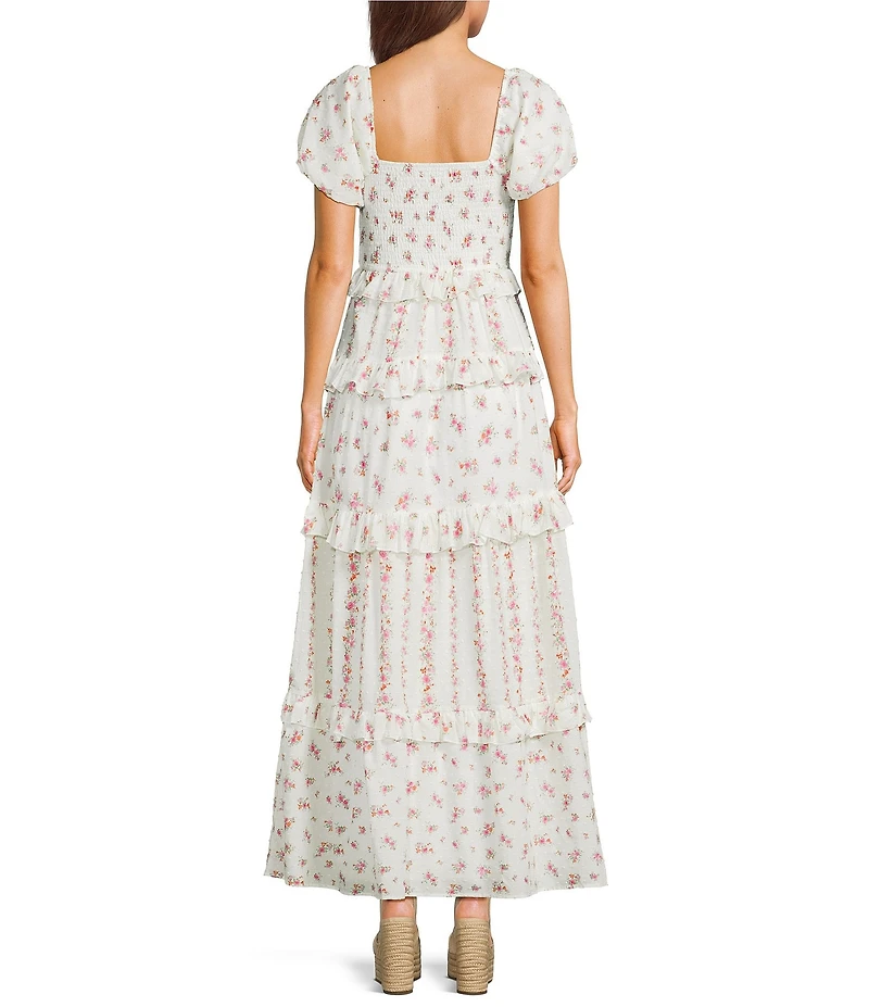 Allison & Kelly Floral Printed Clip Dot Sweetheart Neck Short Puff Sleeve Tiered Ruffle Maxi Dress