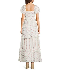 Allison & Kelly Floral Printed Clip Dot Sweetheart Neck Short Puff Sleeve Tiered Ruffle Maxi Dress